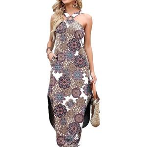 ANRABESS Summer Paisley Printed Criss Cross Tank Split Long Maxi Beach Dress